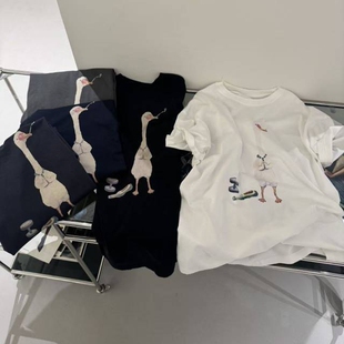 欧洲站BOBO1972春夏新款趣味插画印花绅士鹅宽松落肩短袖T恤女潮