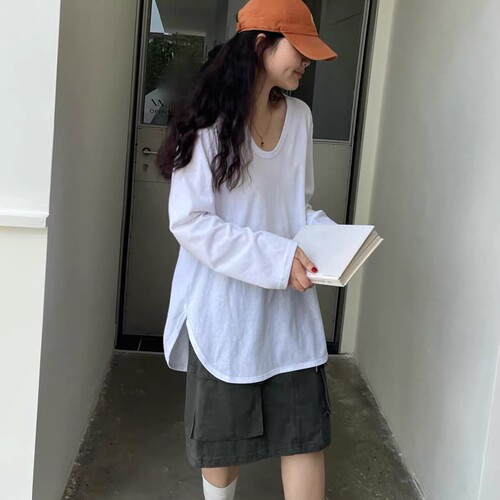 长袖韩版弧形下摆棉女