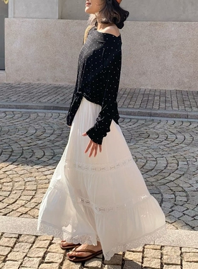 one seven春夏新款韩版显瘦一字领波点长袖T恤女松弛感斜肩上衣潮