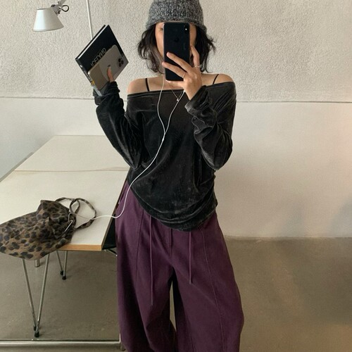 长袖韩版一字领丝绒女