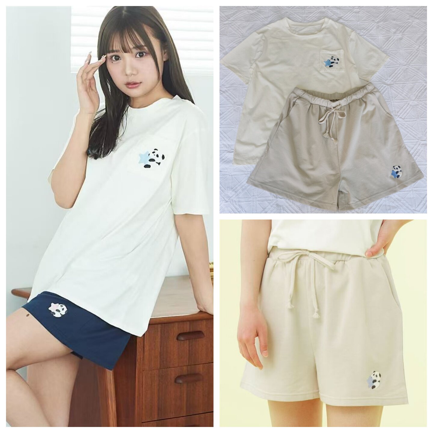 外贸日单tutu夏季卡通睡衣女棉贴布绣熊猫短袖短裤家居服套装包邮