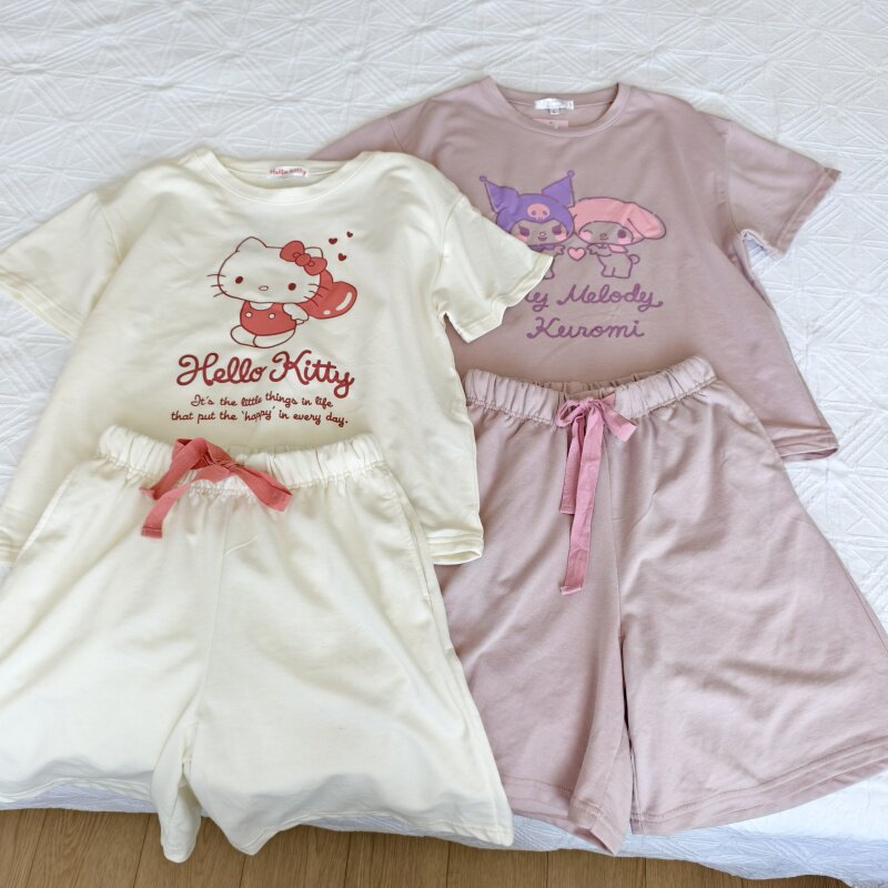 外贸日单三丽哦夏季新款女睡衣柔软毛圈短袖短裤家居服套装KT包邮