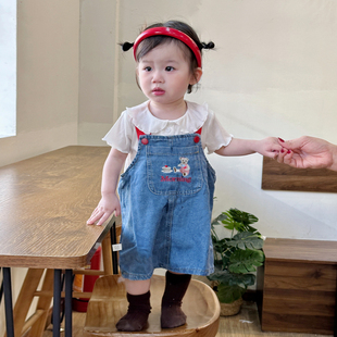 5岁夏季 女童牛仔背带裙0 女宝宝可爱小熊连衣裙婴儿刺绣卡通裙子