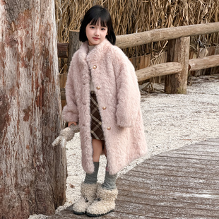 女童皮草外套2025新款儿童大衣中长款环保小湖羊皮毛一体毛毛大衣