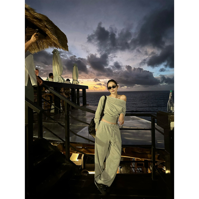 NanaByNana【美区白女】美式辣妹卫衣套装女春露肩长袖卫衣长裤