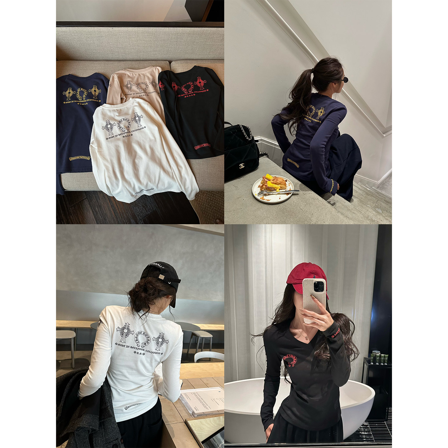 NanaByNana【宝藏KE罗心】磨毛V领撞色印花T恤女春季收腰长袖上衣