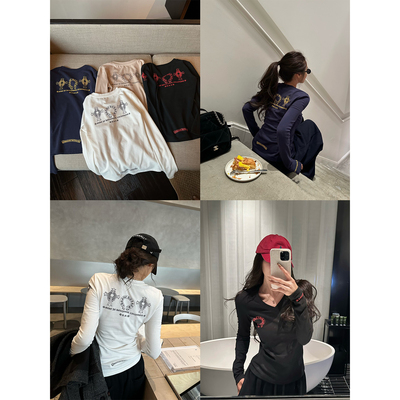 NanaByNana【宝藏KE罗心】磨毛V领撞色印花T恤女春季收腰长袖上衣