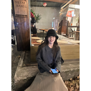 NanaByNana【中古商店】灰色翻领毛衣外套女秋冬复古老钱风上衣