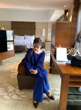 NanaByNana【夜与法兰西】高克重定染蓝色休闲裤女春秋磨毛阔腿裤