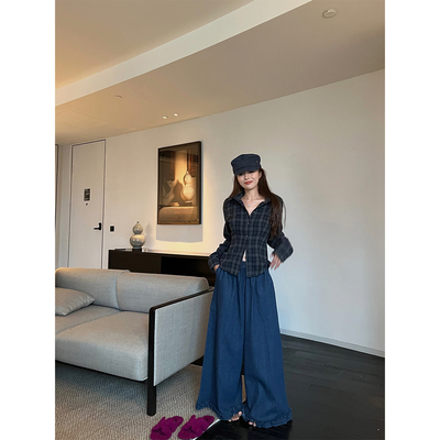 深蓝色阔腿花边牛仔裤女春秋