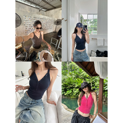NanaByNana【热辣白女】莫代尔亨利领背心吊带女春夏修身v领上衣