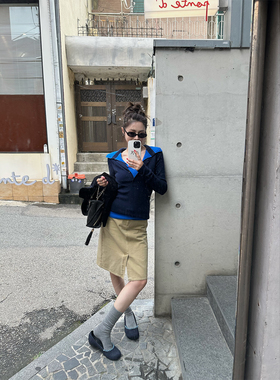 NanaByNana【私服bur*erry】水洗做旧开叉半身裙女秋a字工装中裙