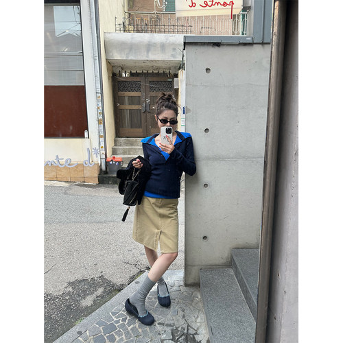 NanaByNana【私服bur*erry】水洗做旧开叉半身裙女春秋a字工装裙