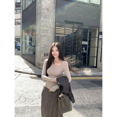 NanaByNana【缪斯手记】纯欲不规则斜肩上衣女春季露肩修身打底衫