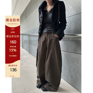 【5折粉丝福利】棕色灯芯绒弯刀裤女春秋阔腿分割休闲裤