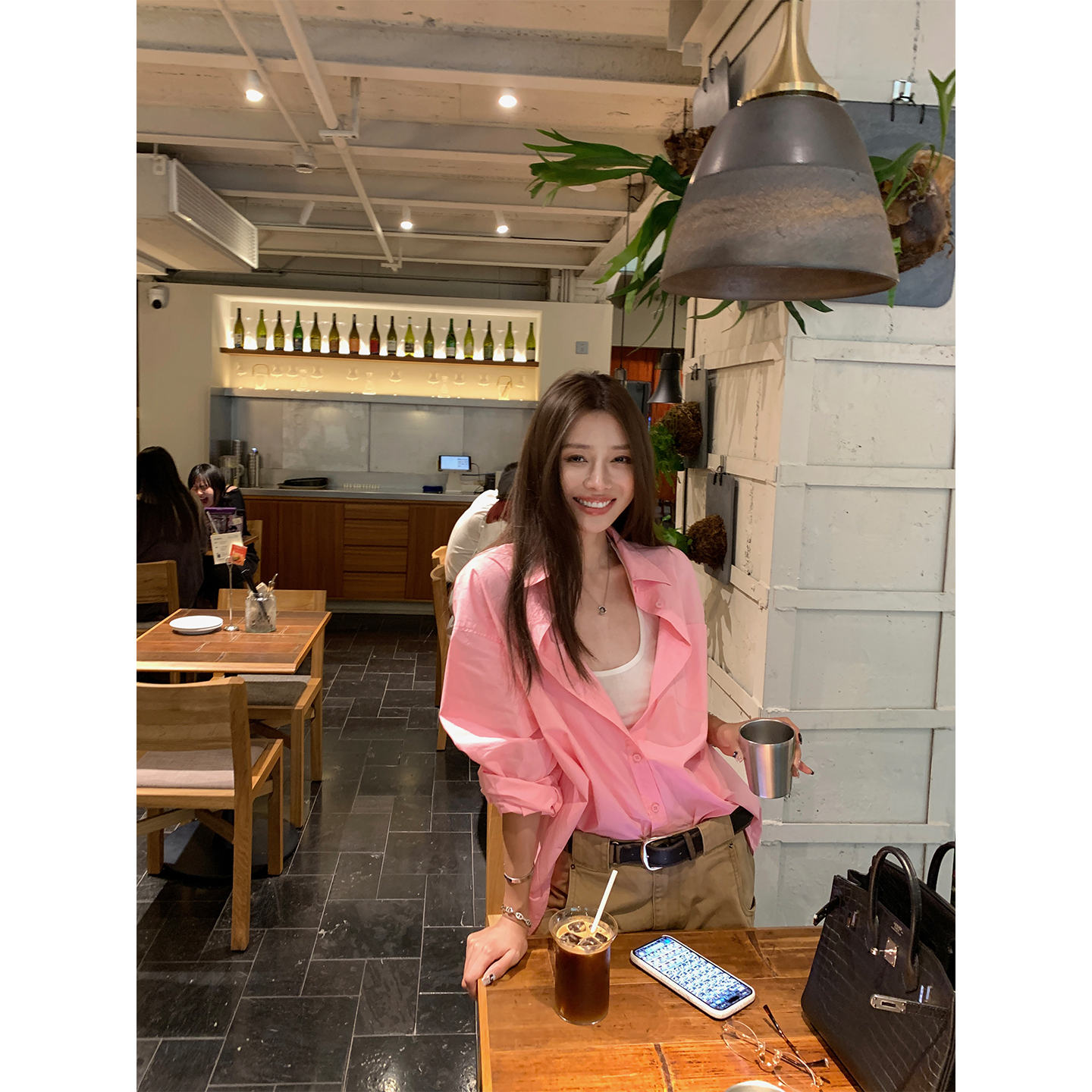 NanaByNana【瓦尔登湖】克莱因蓝长袖衬衫女早秋百搭宽松粉色衬衣