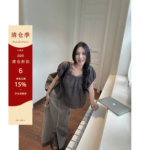 【清仓6折粉丝福利】100苎麻蕾丝方领小衫女夏季泡泡袖上衣