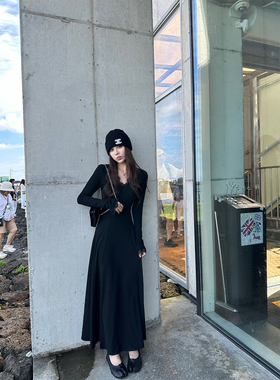 NanaByNana【磨坊舞会】蕾丝拼接v领长袖连衣裙女秋收腰显瘦长裙