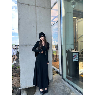 NanaByNana【磨坊舞会】蕾丝拼接v领长袖连衣裙女秋收腰显瘦长裙