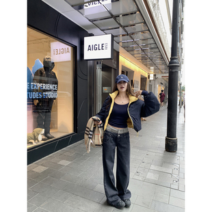 NanaByNana【遇见巴黎】双腰头撞色加绒牛仔裤女冬季宽松阔腿裤