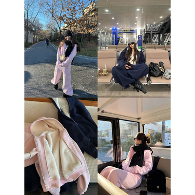 NanaByNana【北欧暖冬】连帽羊羔毛卫衣套装女冬加绒卫裤两件套