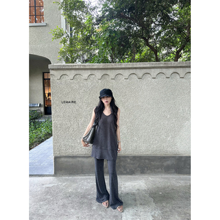 NanaByNana【莱茵晨雾】灰色U领针织背心套装女夏高腰垂感微喇裤