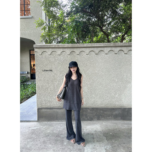 NanaByNana【莱茵晨雾】灰色U领针织背心套装女夏高腰垂感微喇裤