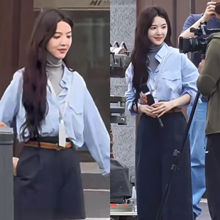 难哄章若楠温以凡同款蓝色法式棉质衬衫女衬衣气质休闲阔腿裤上衣