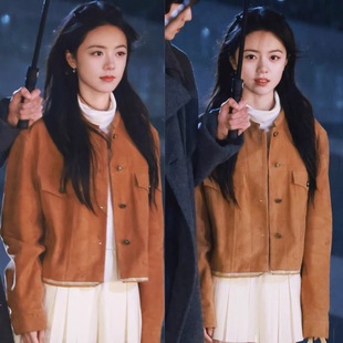 骄阳似我聂曦光赵今麦同款卡其色鹿皮绒短款外套机车服夹克上衣服