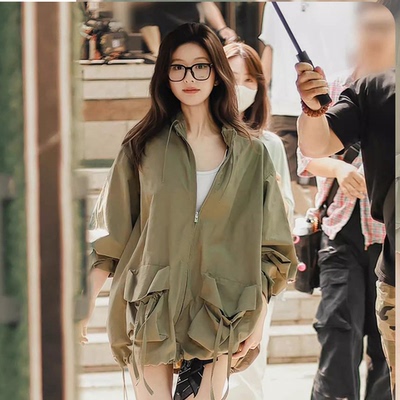 许我耀眼赵露思许妍同款绿色工装服外套女宽松百搭风衣短款上衣新