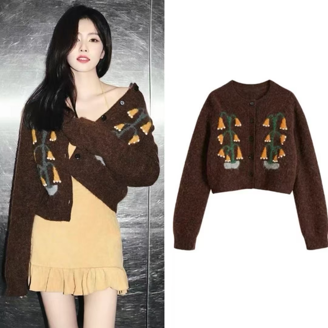 迪丽热巴白鹿同款棕色毛衣外套女秋冬新款宽松慵懒风针织开衫上衣