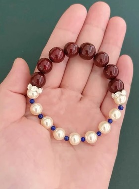 非遗大漆珠赤宝砂珍珠文玩手串S925银手链礼物原创