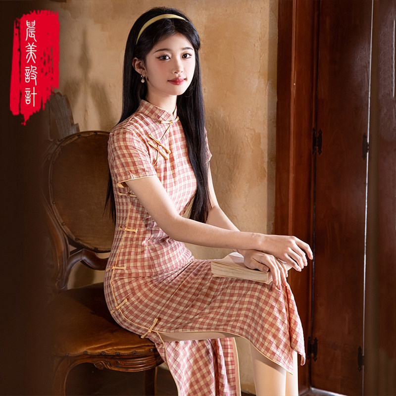 夏季短袖中长款格子旗袍新中式民国风复古文艺年轻款少女日常学生