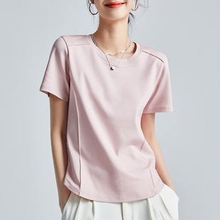 夏季粉白色短袖正肩t恤女拉丁舞蹈瑜伽上衣丝光棉圆领打底衫体恤