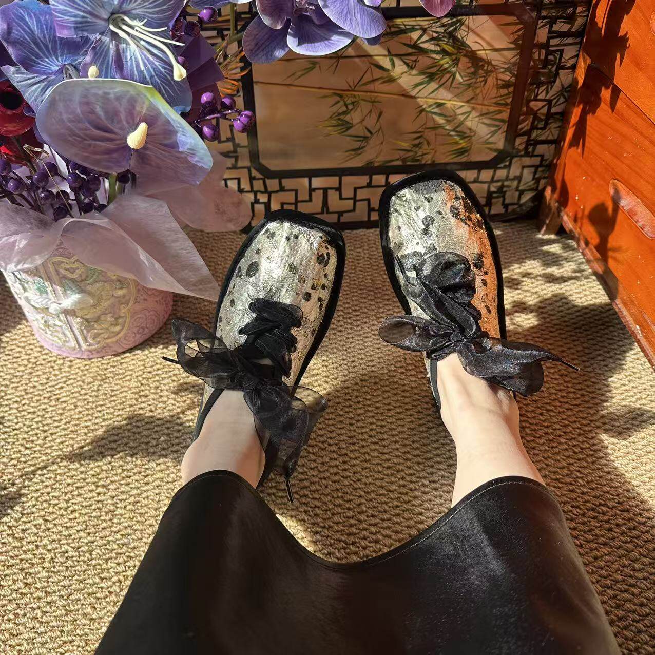 (月白—芭蕾鞋)重工工艺纯手工千层底女士布鞋方头时尚芭蕾鞋