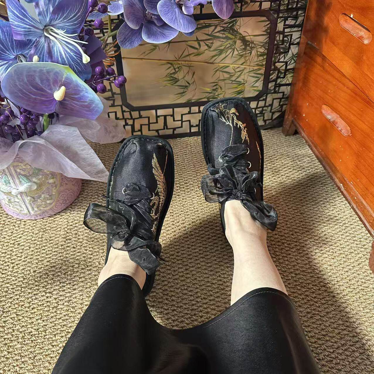 (竹影-芭蕾鞋)重工工艺纯手工千层底女士布鞋方头时尚芭蕾鞋