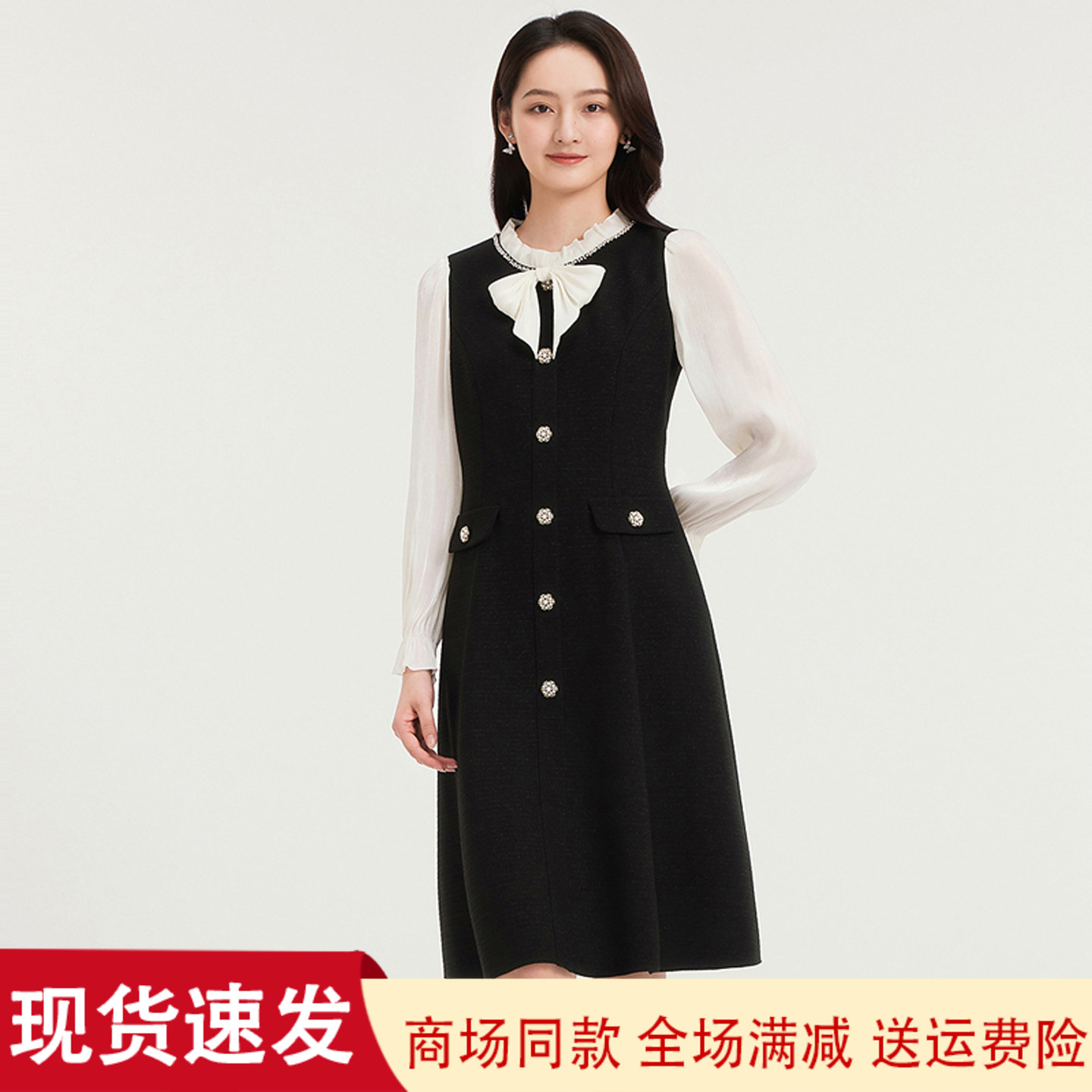珂莱商场同款新款黑色连衣裙子女