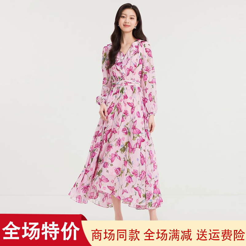 珂莱商场同款25年秋季度假风长袖印花中长款连衣裙子女 KF12545U2