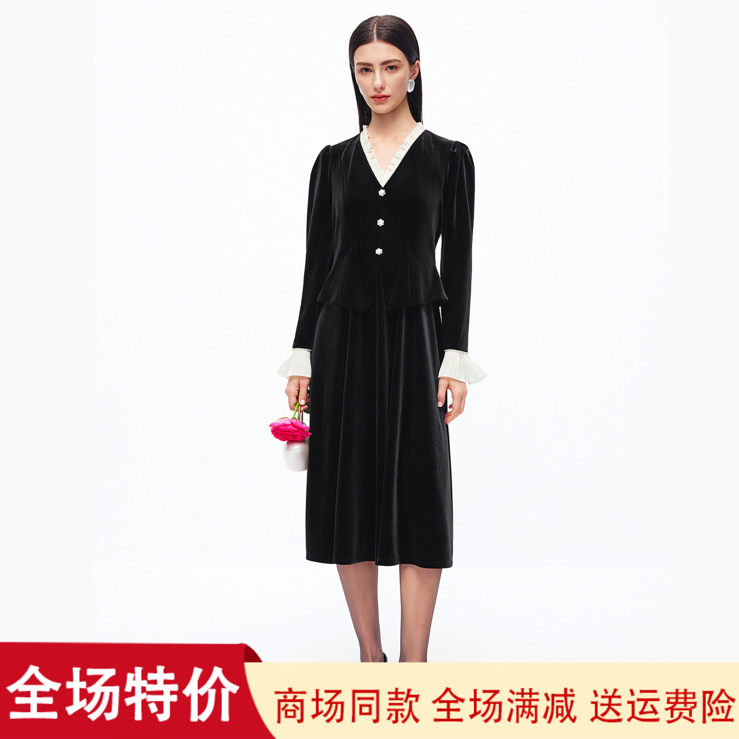 珂莱商场同款黑色V领长袖连衣裙