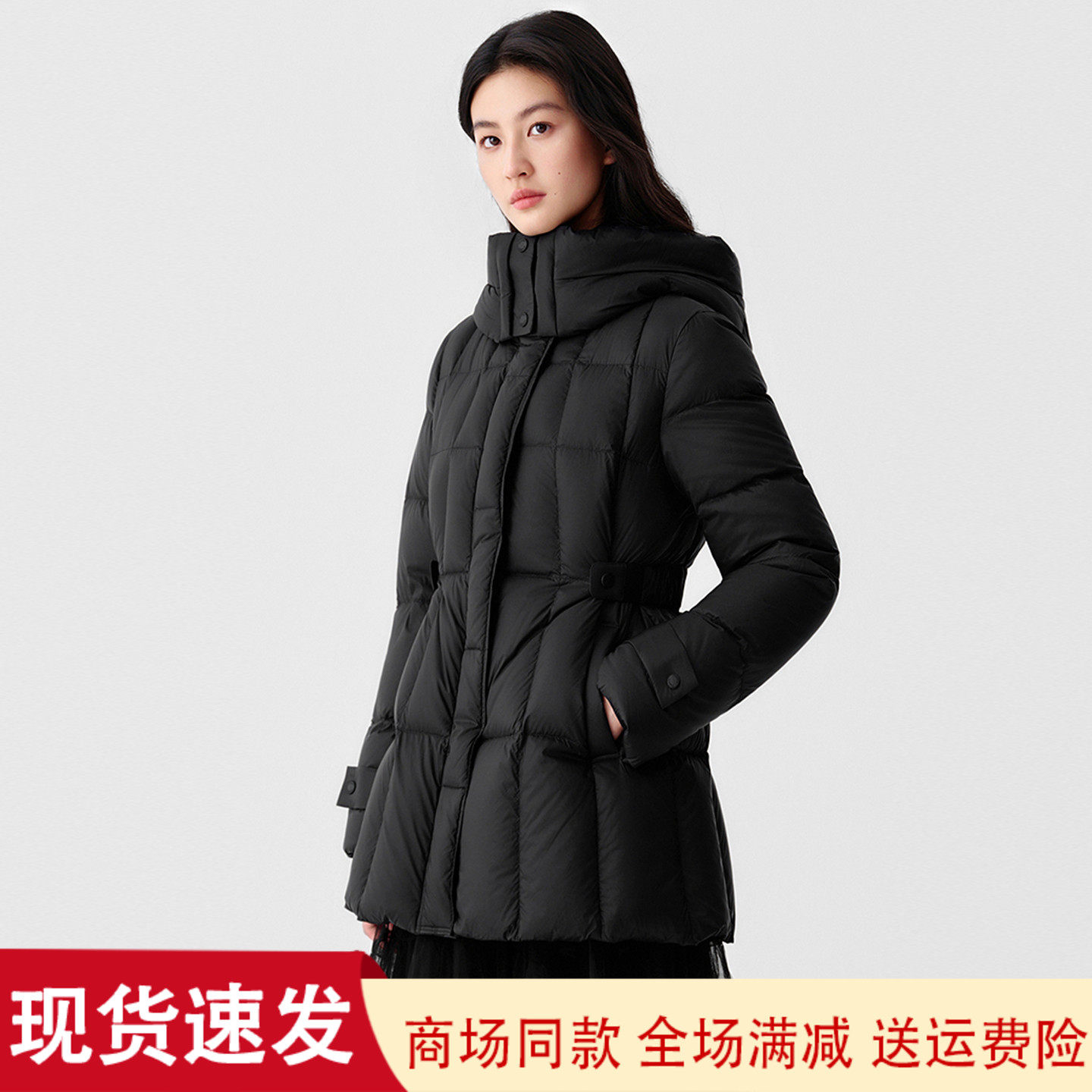 珂莱商场同款2025冬季新款显瘦保暖百搭黑色连帽鸭绒羽绒服外套女