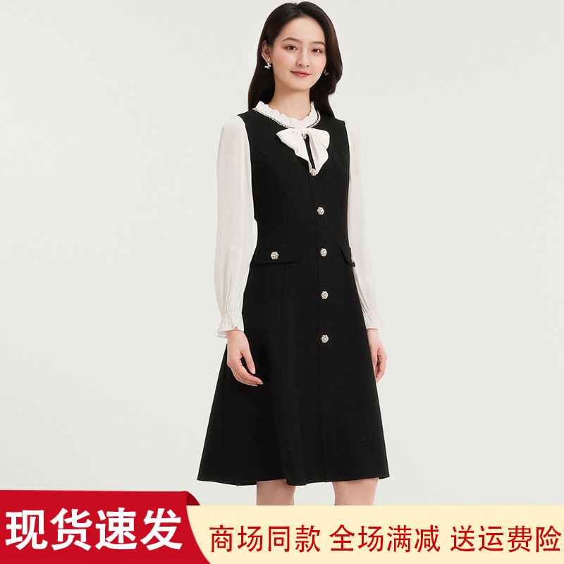 秋冬季新款黑色小香风拼接连衣裙