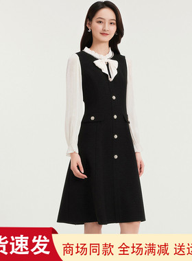 珂莱商场同款2025秋冬季新款黑色小香风拼接连衣裙子女 KF12462W0