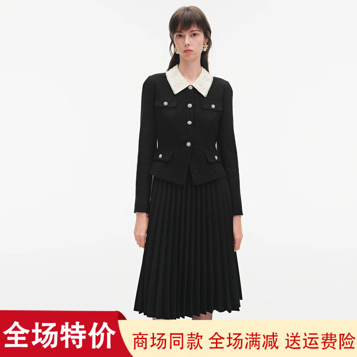 珂莱商场同款黑色香风百褶连衣裙