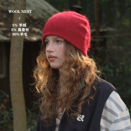 90%羊毛5%桑蚕丝秋冬女针织帽
