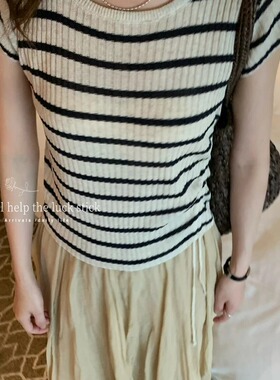 Peanut花生家小女人气质条纹薄款短袖针织衫女修身抽绳飞飞袖上衣