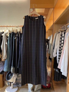 Leaves复古韩系格子背心连衣裙女早秋新款叠穿圆领套头直筒长裙子