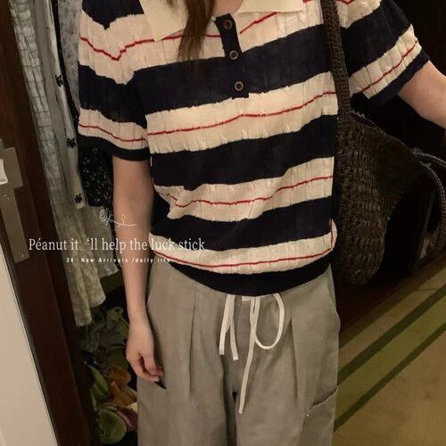 Polo领撞色条纹短袖针织衫女薄款