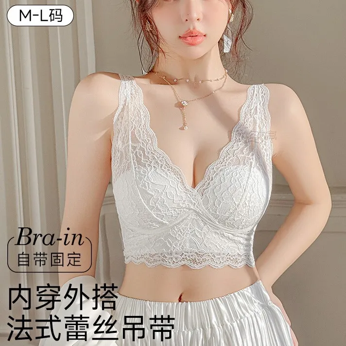 法式刺绣蕾丝吊带内衣女小胸舒适聚拢显大内搭防走光性感美背文胸