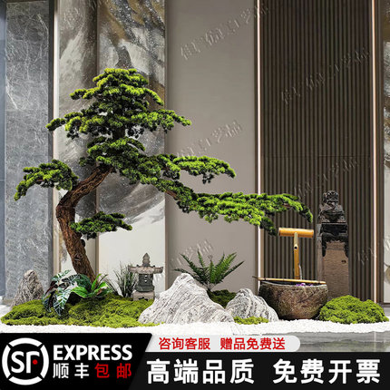 仿真迎客松造景大型绿植罗汉室内松树酒店楼梯下装饰假树摆件景观