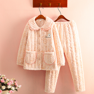 小清新雪花绒夹棉睡衣女冬季三层加厚珊瑚绒保暖公主风家居服套装